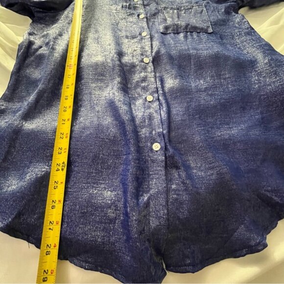 SHEIN Metallic Shimmer Button Down Blouse Blue L - Picture 7 of 7